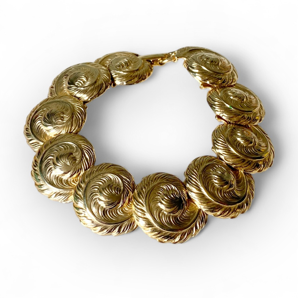 Vintage Goldtone Domed Feather Plume Fern Runway Statement Link Bracelet. - Picture 3 of 8